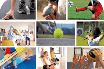 Collage von Sportaktivitäten: verschiedene Sportarten, Übungen und Kinder beim Spielen in unterschiedlichen Umgebungen.