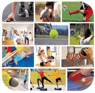 Collage von Sportaktivitäten: verschiedene Sportarten, Übungen und Kinder beim Spielen in unterschiedlichen Umgebungen.